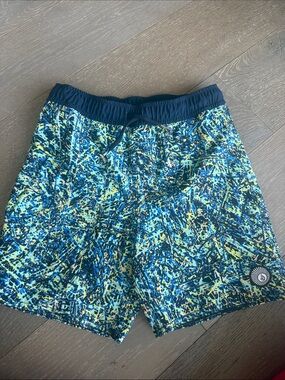 Volcom Boys Blue Teal Yellow Abstract Swim Trunks
